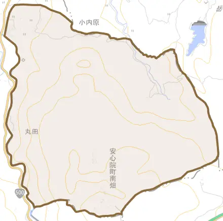 安心院町南畑とその周辺の地図。町の範囲を重ねている