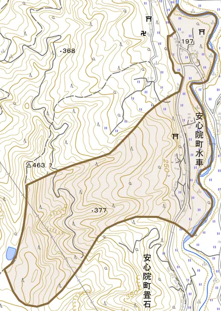 安心院町水車とその周辺の地図。町の範囲を重ねている