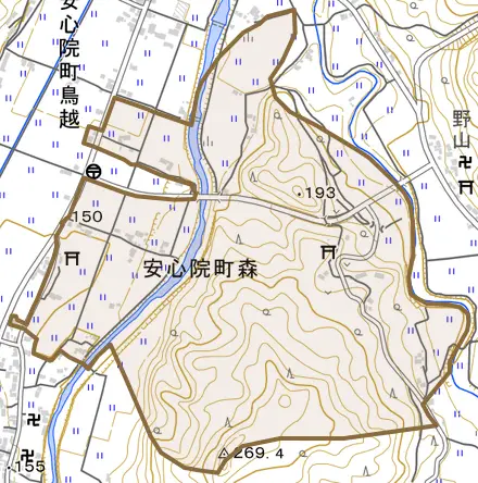 安心院町森とその周辺の地図。町の範囲を重ねている