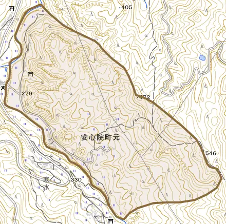 安心院町元とその周辺の地図。町の範囲を重ねている