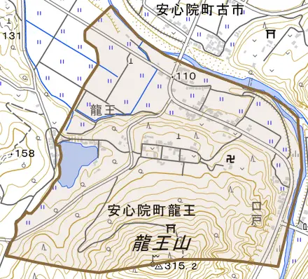 安心院町龍王とその周辺の地図。町の範囲を重ねている