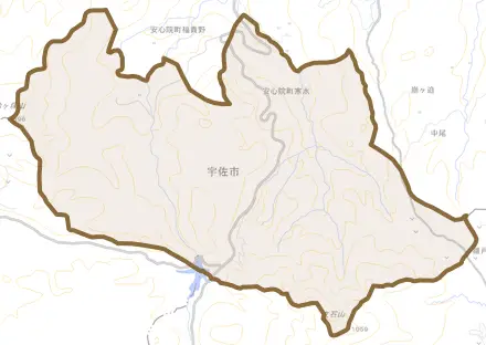 安心院町寒水とその周辺の地図。町の範囲を重ねている