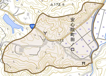 安心院町田ノ口とその周辺の地図。町の範囲を重ねている