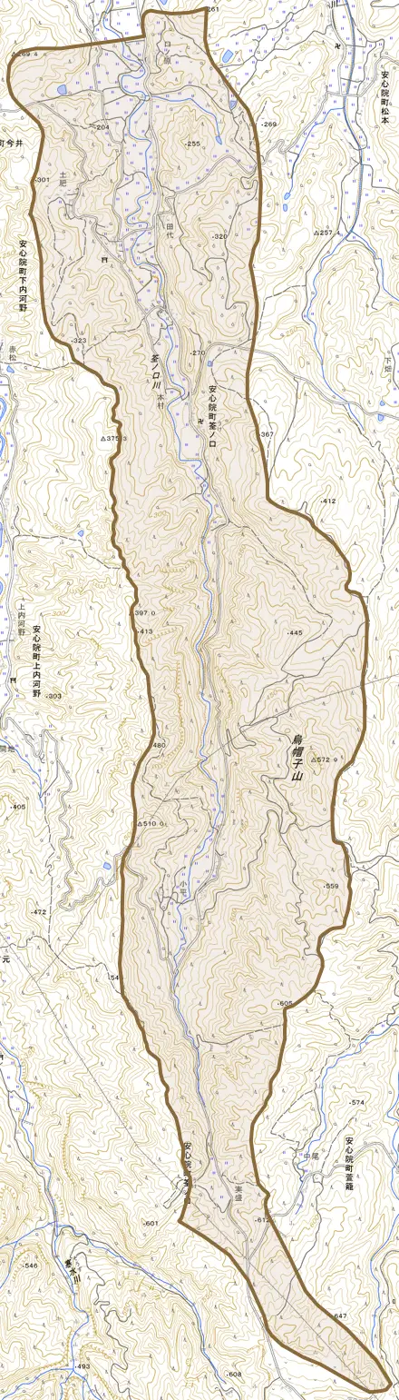 安心院町筌ノ口とその周辺の地図。町の範囲を重ねている