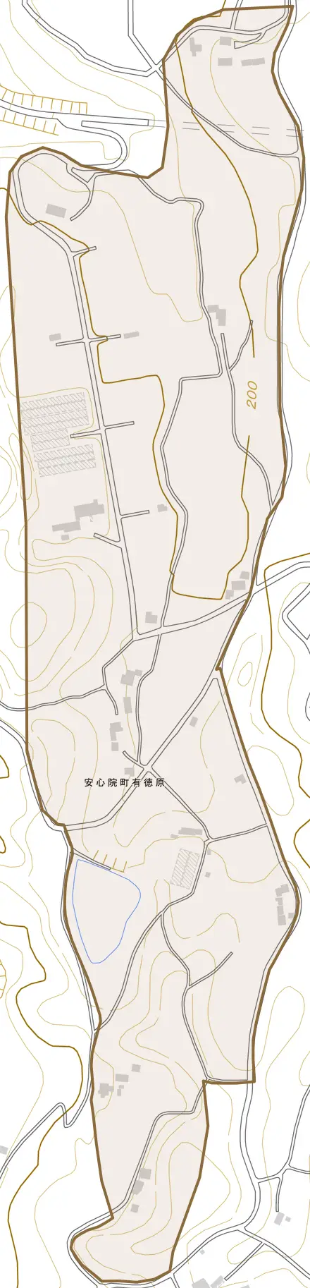 安心院町有徳原とその周辺の地図。町の範囲を重ねている