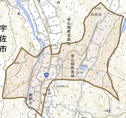 安心院町若林とその周辺の地図。町の範囲を重ねている