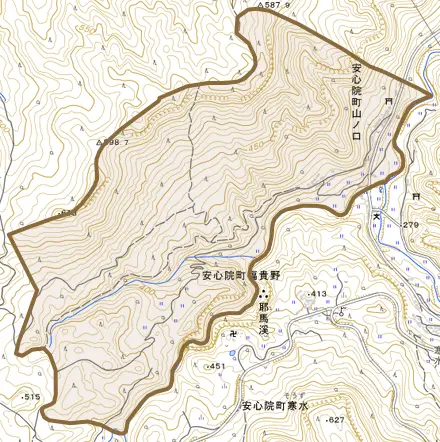 安心院町山ノ口とその周辺の地図。町の範囲を重ねている