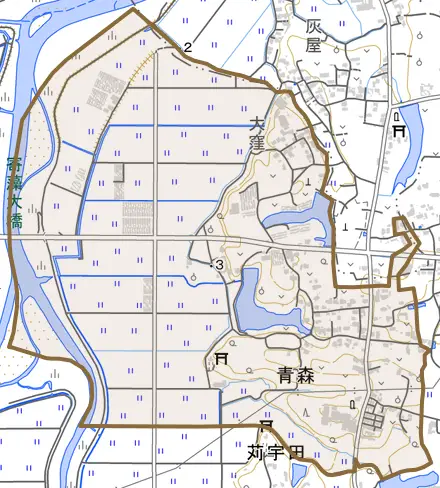 大字青森とその周辺の地図。町の範囲を重ねている