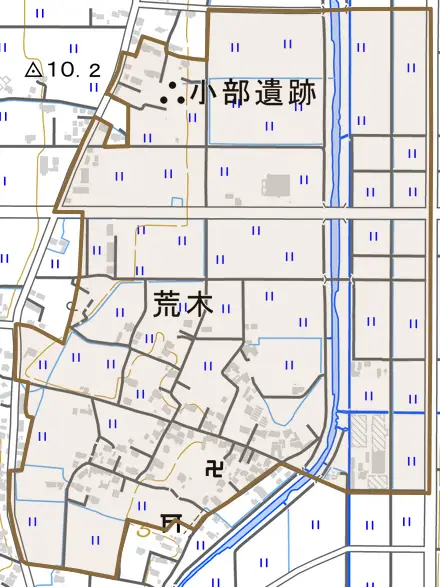大字荒木とその周辺の地図。町の範囲を重ねている