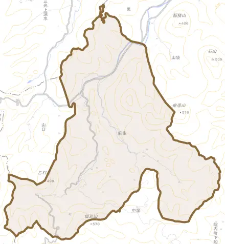 大字麻生とその周辺の地図。町の範囲を重ねている
