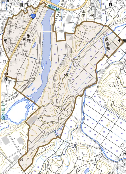 大字別府とその周辺の地図。町の範囲を重ねている