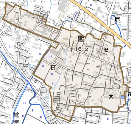 大字閤とその周辺の地図。町の範囲を重ねている