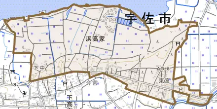 大字浜高家とその周辺の地図。町の範囲を重ねている