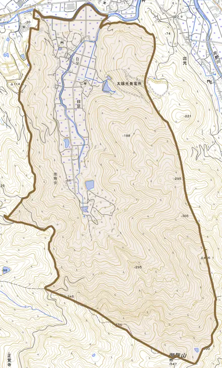 大字日足とその周辺の地図。町の範囲を重ねている