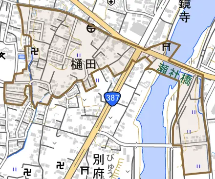 大字樋田とその周辺の地図。町の範囲を重ねている
