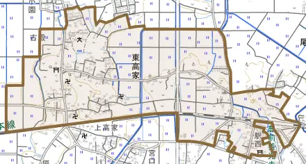 大字東高家とその周辺の地図。町の範囲を重ねている