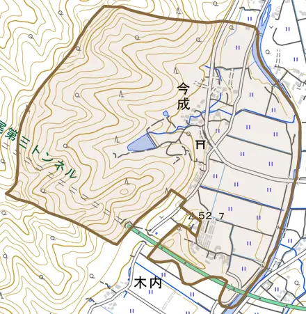 大字今成とその周辺の地図。町の範囲を重ねている
