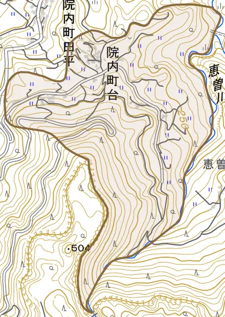 院内町台とその周辺の地図。町の範囲を重ねている