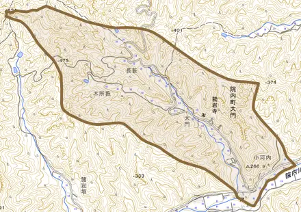 院内町大門とその周辺の地図。町の範囲を重ねている