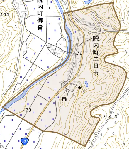 院内町二日市とその周辺の地図。町の範囲を重ねている