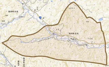 院内町五名とその周辺の地図。町の範囲を重ねている