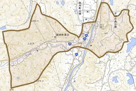 院内町原口とその周辺の地図。町の範囲を重ねている