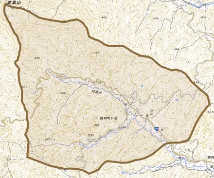 院内町日岳とその周辺の地図。町の範囲を重ねている