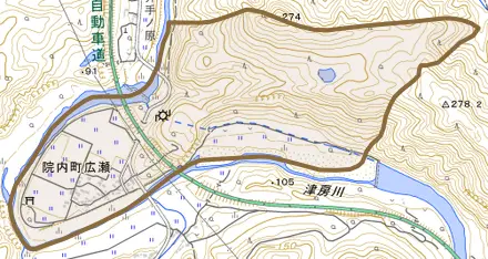 院内町広瀬とその周辺の地図。町の範囲を重ねている