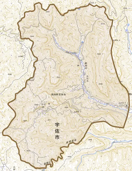 院内町定別当とその周辺の地図。町の範囲を重ねている