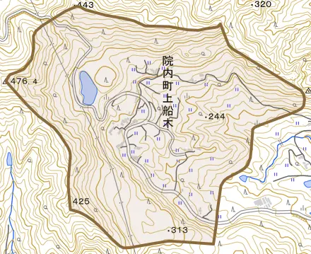 院内町上船木とその周辺の地図。町の範囲を重ねている