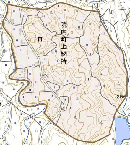 院内町上納持とその周辺の地図。町の範囲を重ねている
