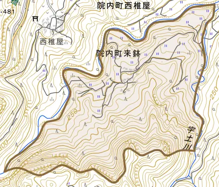院内町来鉢とその周辺の地図。町の範囲を重ねている