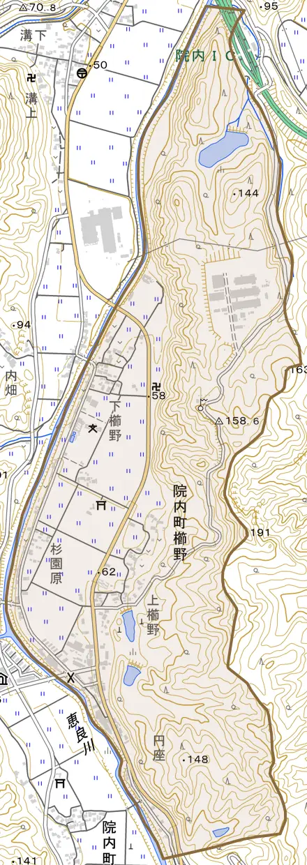 院内町櫛野とその周辺の地図。町の範囲を重ねている