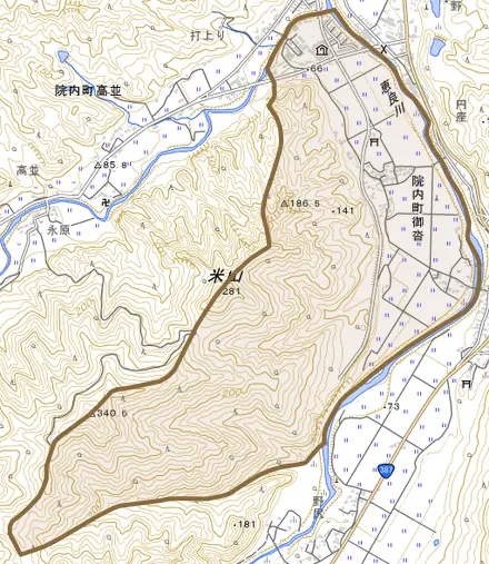 院内町御沓とその周辺の地図。町の範囲を重ねている
