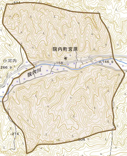 院内町宮原とその周辺の地図。町の範囲を重ねている