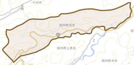 院内町温見とその周辺の地図。町の範囲を重ねている