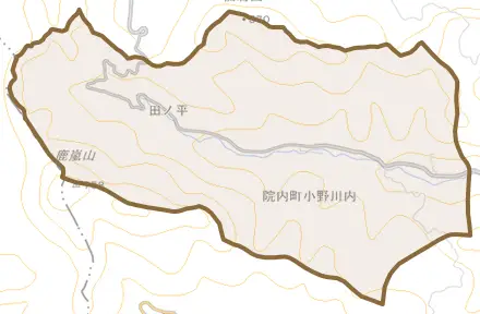 院内町小野川内とその周辺の地図。町の範囲を重ねている