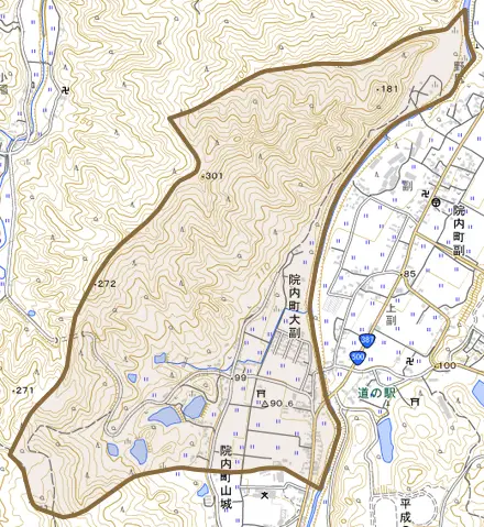 院内町大副とその周辺の地図。町の範囲を重ねている