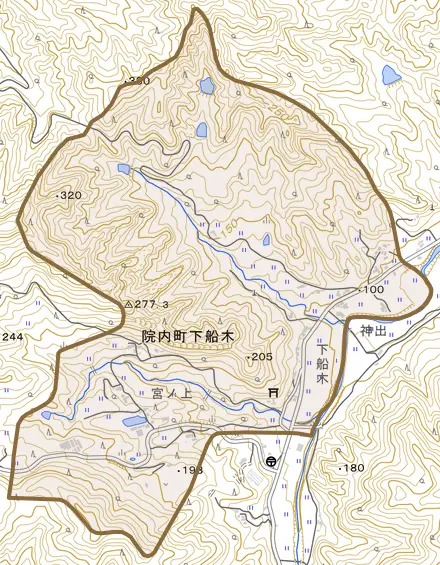 院内町下船木とその周辺の地図。町の範囲を重ねている