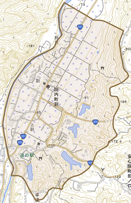 院内町副とその周辺の地図。町の範囲を重ねている
