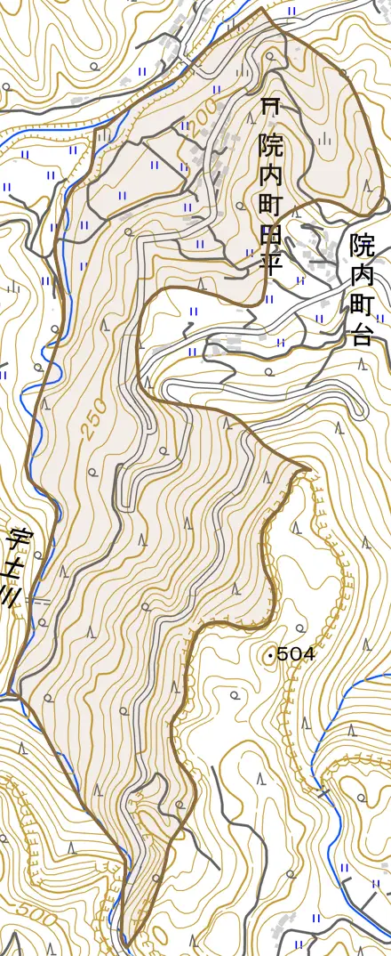 院内町田平とその周辺の地図。町の範囲を重ねている