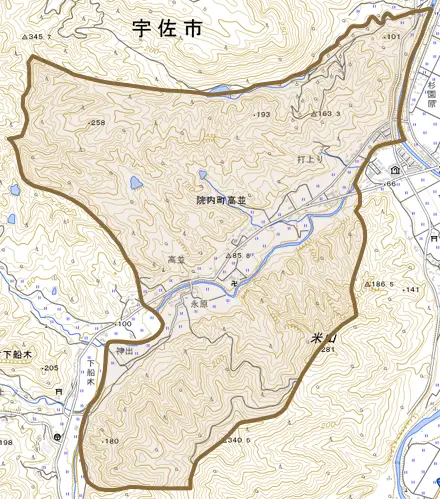 院内町高並とその周辺の地図。町の範囲を重ねている