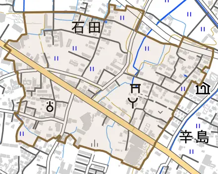 大字石田とその周辺の地図。町の範囲を重ねている