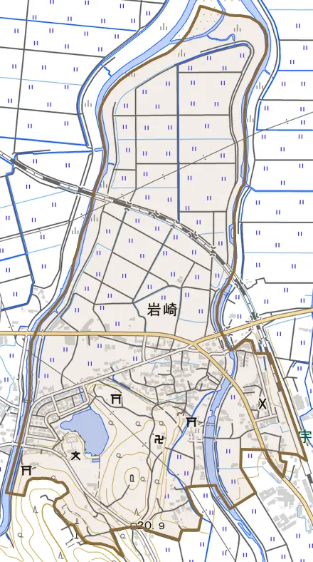 大字岩崎とその周辺の地図。町の範囲を重ねている