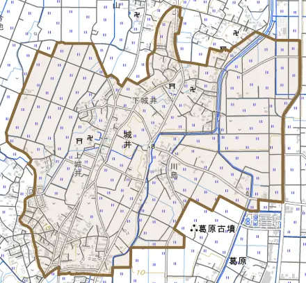 大字城井とその周辺の地図。町の範囲を重ねている