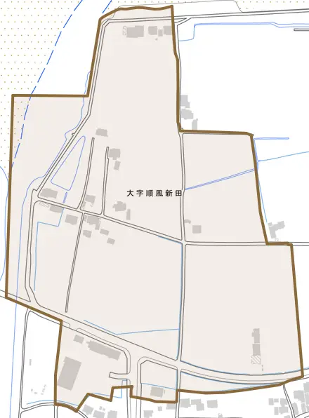 大字順風新田とその周辺の地図。町の範囲を重ねている