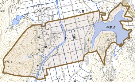 大字上元重とその周辺の地図。町の範囲を重ねている