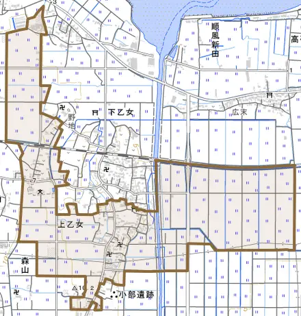 大字上乙女とその周辺の地図。町の範囲を重ねている