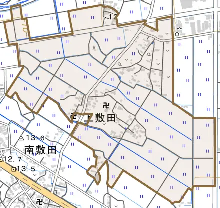 大字上敷田とその周辺の地図。町の範囲を重ねている