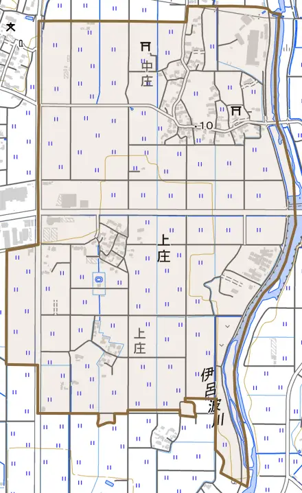 大字上庄とその周辺の地図。町の範囲を重ねている